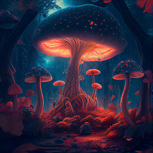 拥有巨大光辉的蘑菇树的幻想林童话木头房子野生动物辉光想像力魔法花园卡通片植物图片