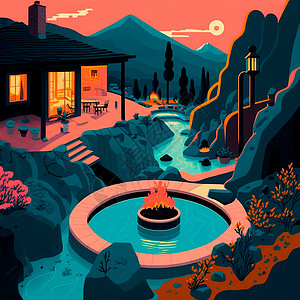 山中温泉的插图蓝色假期横幅广告水池饮料旅游酒精山脉猕猴图片