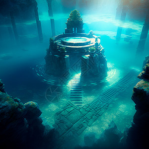水下失落的城市亚特兰蒂斯及其废墟建筑学寺庙金子溺水深海纪念碑建筑物火箭颜料插图图片
