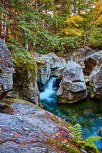 以河流雕刻的峡谷和瀑布冲入蓝色水域的岩石震动 周围环绕着麻木林图片