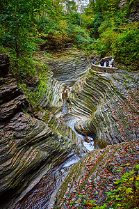 带河和观光客眼的层层岩石峡谷 覆盖了麻风和叶叶图片