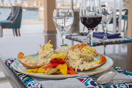 龙虾用白大米和蔬菜做菜菜点菜营养设置主餐白米桌子用餐餐垫健康餐厅图片