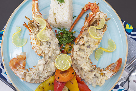 龙虾用白大米和蔬菜做菜菜海鲜营养餐垫桌布胡椒辣椒柠檬美食白米健康图片