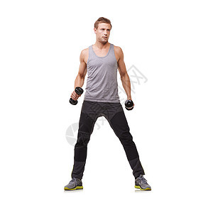 用 4 公斤的哑铃锻炼 一个健康的年轻人的全身在白色背景上用哑铃锻炼图片