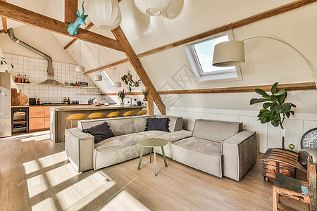 一个客厅 有一张沙发和一张桌子木地板建筑学墙壁公寓木头奢华壁炉枕头家具窗户图片