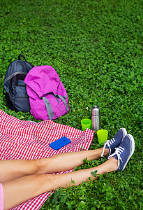 坐在公园的长袍毯子和绿草上的年轻女学生的顶端景象 在露天休息 喝咖啡 茶 手持电话图片