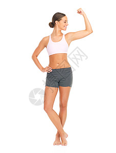 运动 健身和手臂肌肉的女人在工作室里隔离在白色背景模型上 强壮 有力量的女性模特 运动员或健美运动员在训练 锻炼或锻炼后弯曲二头图片