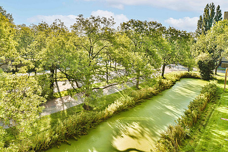 一条河流穿过一片充满树木的红绿公园植物场景风景花园池塘土地维管房子森林环境图片