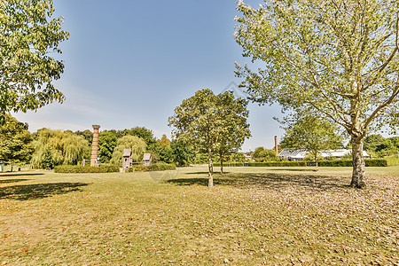 一个有树木的公园和背景中的一栋建筑风景天空牧场农场垂钓者草地环境植物森林树叶图片