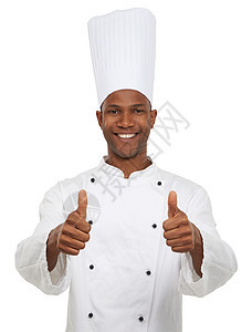 一位非洲厨师的肖像给你举起拇指来 你喜欢看这个吗手势食物黑衣人幸福成人工作室头饰白色帽子男性图片