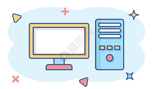 漫画风格中的 Pc 计算机图标 白色孤立背景上的桌面卡通矢量插图 设备监测飞溅效果商业概念药片网络按钮监视器空白软件服务器黑色展图片