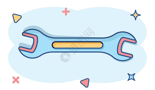 漫画风格的断线图标 白色孤立背景上的斯潘纳键卡通矢量插图 修理设备飞溅效果商业概念工具工程服务硬件机械机器技术作坊钳工钥匙图片