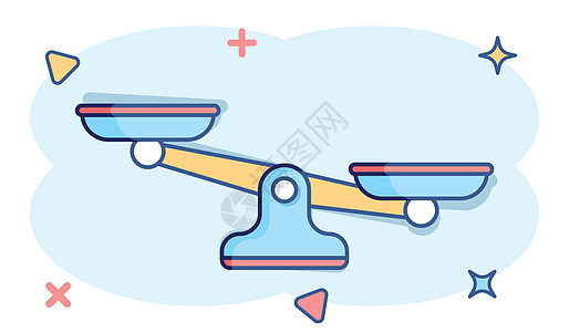 漫画风格的缩放图标 孤立背景下的天秤座卡通矢量图解 质量比较飞溅效果标志业务概念卡通片插图法庭重量作用法官杠杆拨号犯罪白色图片