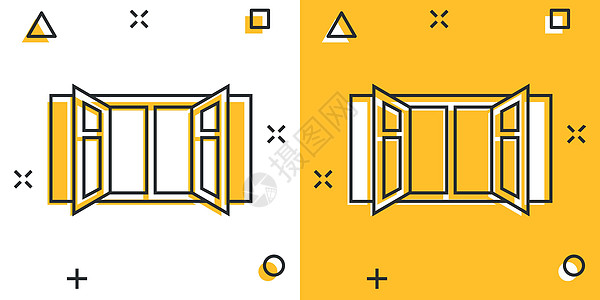 漫画样式中的窗口图标 孤立背景上的例举卡通矢量插图 室内喷洒效应代表商业概念 笑声正方形房子卡通片不动产矩形建筑建筑学玻璃财产控图片