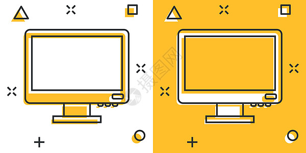 漫画风格的个人电脑 桌面 pc 卡通矢量插图在孤立的背景上 监控显示飞溅效果标志业务概念电气商业网络屏幕整块展示网站监视器白色卡图片