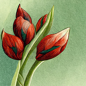 红红色郁金香花叶子插图植物花束场地植物群水彩郁金香明信片绘画图片