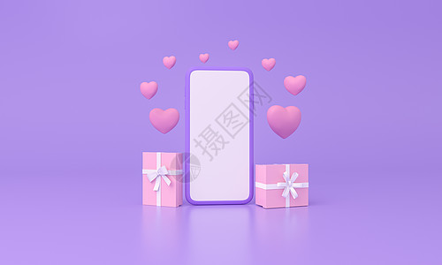 礼物海报拥有心脏和礼物的智能手机 在紫色背景 情人节快乐 生日 女人或母亲节旗帜背景