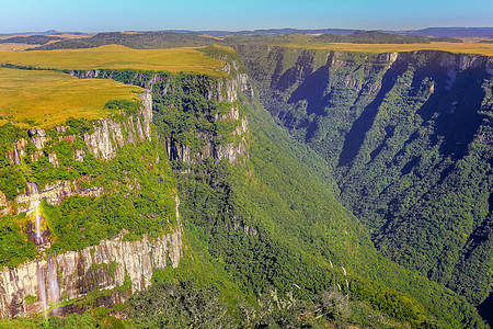 巴西南里奥格兰德市阳光明媚的日落时峡谷和丛林山谷国家荒野摄影日出地方地标金色森林岩石表面图片