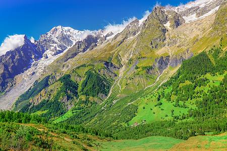 日出时的山峰高山风景 夏莫尼克斯 法属阿尔卑斯山脉草地山脉蓝色晴天雪山戏剧性巅峰天空地标松树林图片