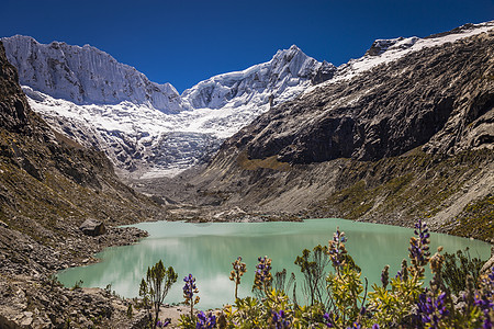 秘鲁安卡什 安第斯山脉雪积雪的湖晴天荒野目的地雪山旅游冰川蓝色天空地标国际图片