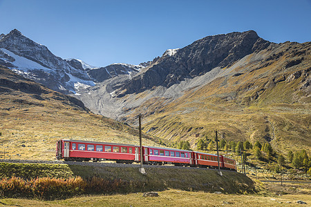 瑞士列车在瑞士恩加丁伯尔尼纳口附近阿尔卑斯山的瑞士列车文化风景林地山脉目的地机车交通草地天空旅行图片
