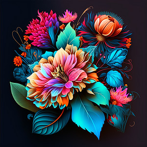 原始花卉设计有奇特的花朵和热带叶 深色背景的花朵多彩植物水彩框架紫色插图绘画装饰蓝色邀请函水彩画图片