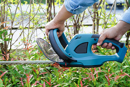 园丁在花园里用电动对冲剪刀修剪灌木丛手套草地园艺树篱割草机灌木绿化植物院子机器图片