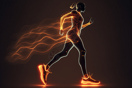 女人以发光线的形式在黑暗的背景上奔跑 一个女人做运动的数字合成 运动理念图片
