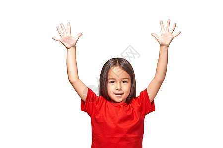 女孩用五根手指露出两只手帮助女性手臂解剖学身体红色数字棕榈手腕手势图片