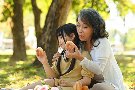 慈爱的祖母和可爱的小女孩在公园里一起放松开心 家庭 世代和人的概念图片