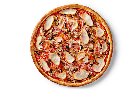 薄经典比萨饼 有烟熏鸡片 蘑菇和紫洋葱图片