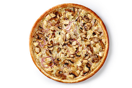 带奶油奶酪酱 鸡片 蘑菇和白底紫洋葱的披萨图片