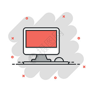 漫画风格的个人电脑 桌面 pc 卡通矢量插图在孤立的背景上 监控显示飞溅效果标志业务概念网站键盘卡通片技术老鼠商业办公室电气白色图片