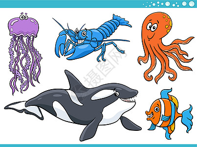 海洋生物或海洋动物特写卡通漫画水族馆绘画章鱼背鳍动物园插图快乐动物学小龙虾海蜇图片