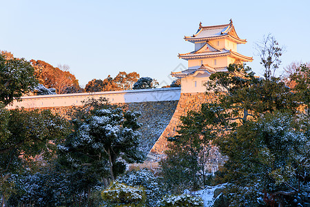 清晨光照亮了日本古老城堡 雪的灰尘图片