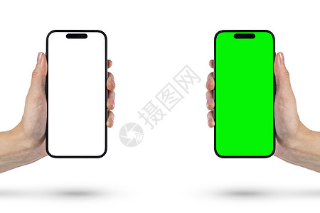 在白色背景上的手中的电话 一个女人的手拿着一部新的现代手机 背景是白色的 屏幕是空白的 在绿色背景与绿色屏幕上隔离的智能手机社会图片