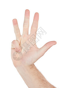 手 四号和工作室里的男人在白色背景上进行手语 倒计时或手势 手 人和用手指交流 以便在孤立站立时计数 签名或说话图片