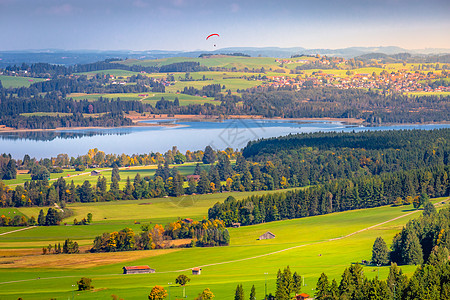 德国巴伐利亚州巴伐利亚阿尔卑斯的佛根西湖村庄天空风景松树林林地日落松树公共公园目的地日出图片
