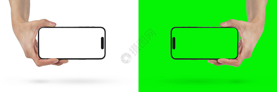 在白色背景上的手中的电话 一个女人的手拿着一部新的现代手机 背景是白色的 屏幕是空白的 在绿色背景与绿色屏幕上隔离的智能手机黑色图片