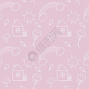粉红色儿童无缝背景与轮廓涂鸦插图 一栋房子 一道彩虹 一个人 灰色背景上的一根树枝 纺织品 织物 服装 包装的无尽重复图案图片