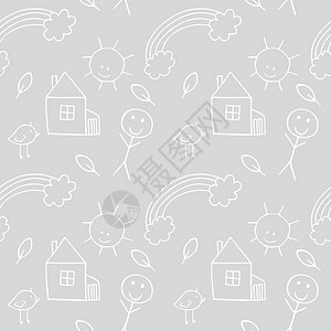 灰色儿童无缝背景与轮廓涂鸦插图 一栋房子 一道彩虹 一个人 灰色背景上的一根树枝 纺织品 织物 服装 包装的无尽重复图案图片