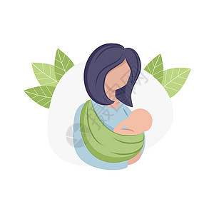 一位母亲将婴儿抱在袋鼠式背带中 产假 怀孕 分娩 适合母婴的儿童用品 白色背景上的标志 因特网隔离图片