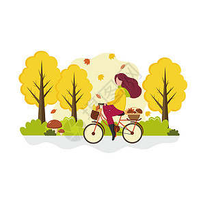 一个女孩骑自行车穿过秋天的森林来采蘑菇 户外娱乐 运动和健康的概念 矢量卡通插图图片