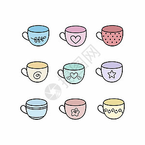 一套多色茶杯 为厨房 咖啡馆 餐馆收集面条眼镜 用盘子绘制矢量卡通图示图片