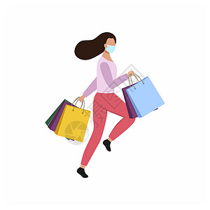 一个戴着医用口罩 提着超市里的袋子的女孩跑去购物 买家与产品 一个女性角色的矢量平面插画图片