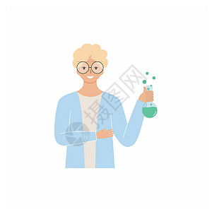 一位男性化学家拿着装有成分的试管 实验室助理设置了一个实验 平面矢量字符 化学和生物教师图片