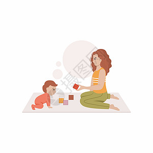 母亲坐在地板上 与孩子一起在街区里玩耍 用平板风格的矢量插图图片