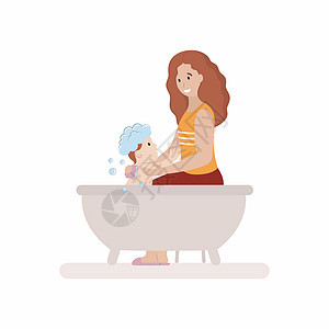 妈妈在浴室里给孩子洗澡 母亲和孩子的照顾 一个平坦的矢量性格图片