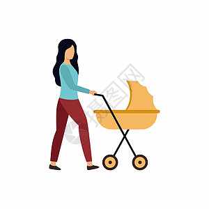 年轻女性与婴儿车一起行走 母亲和孩子 怀孕 分娩 母性 公寓式的矢量特性图片