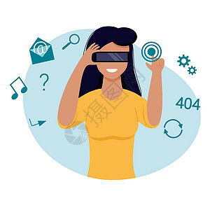 身戴虚拟现实眼镜的妇女 平板式的矢量插图 现代技术和网络空间 (掌声)图片